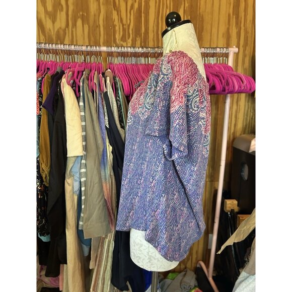 Lucky Brand Blouse Top Lightweight Short Sleeve Front Tie Blue & Print Boho Sz L - Picture 5 of 8